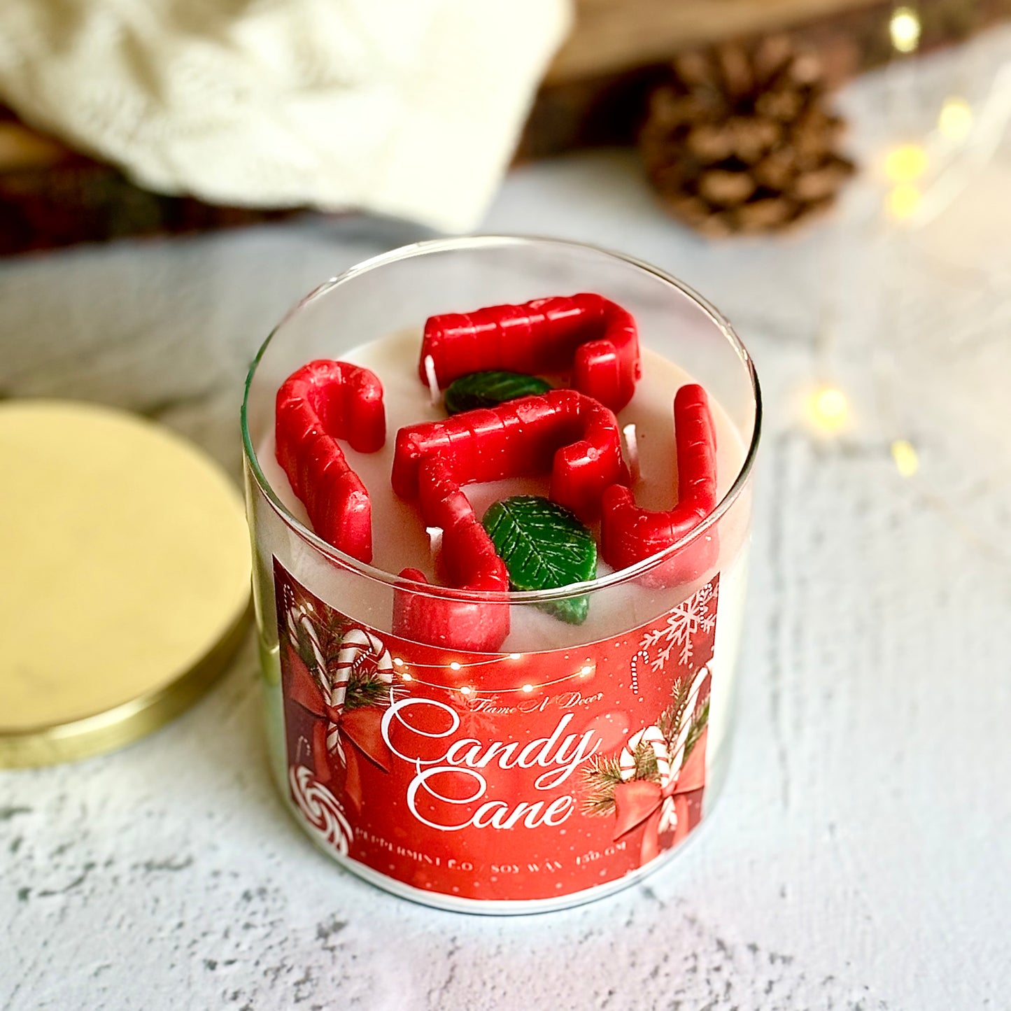 Candy Cane 3 wick Soy Candle with Golden Lid | Christmas Lineup