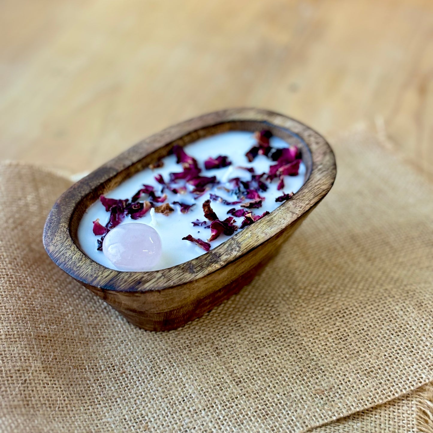 Wooden Dough Bowl Infused with Rose Quartz and Rose Soy Candle