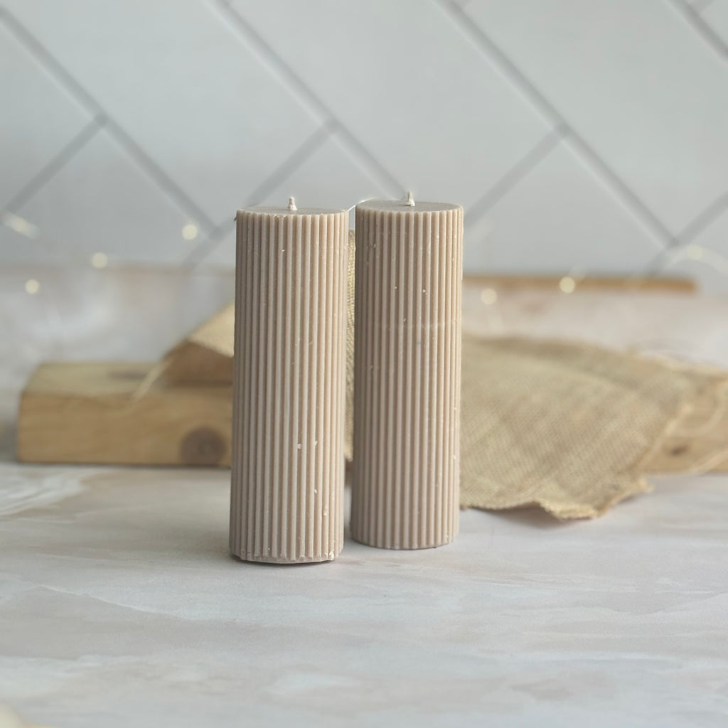 Textured Beige Pillar Soy Candle | Pack of 2