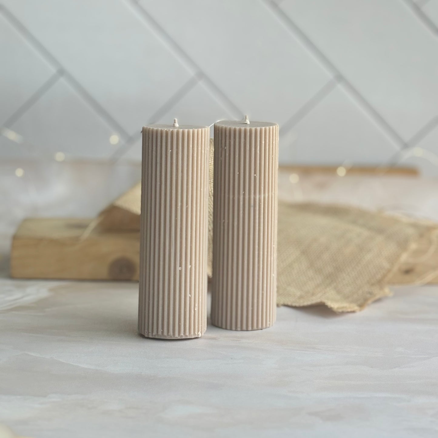 Textured Beige Pillar Soy Candle | Pack of 2