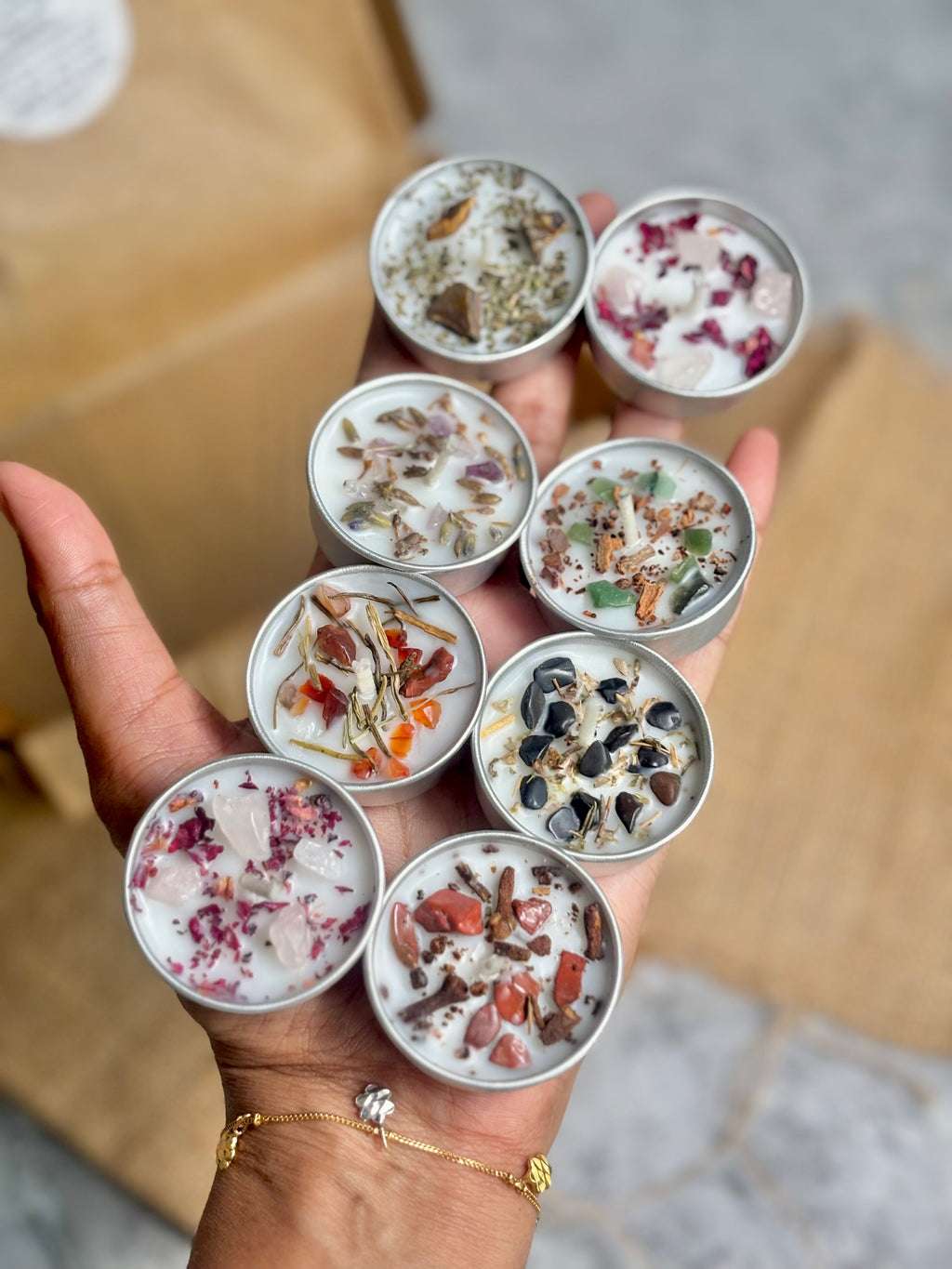 Crystal & Herb Tealight Candle Set – Set of 8