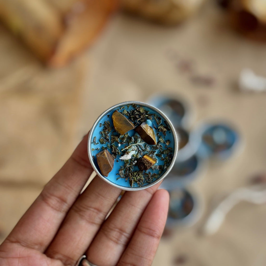 Blue Soy Wax Tealight Candle with Peppermint & Tiger’s Eye