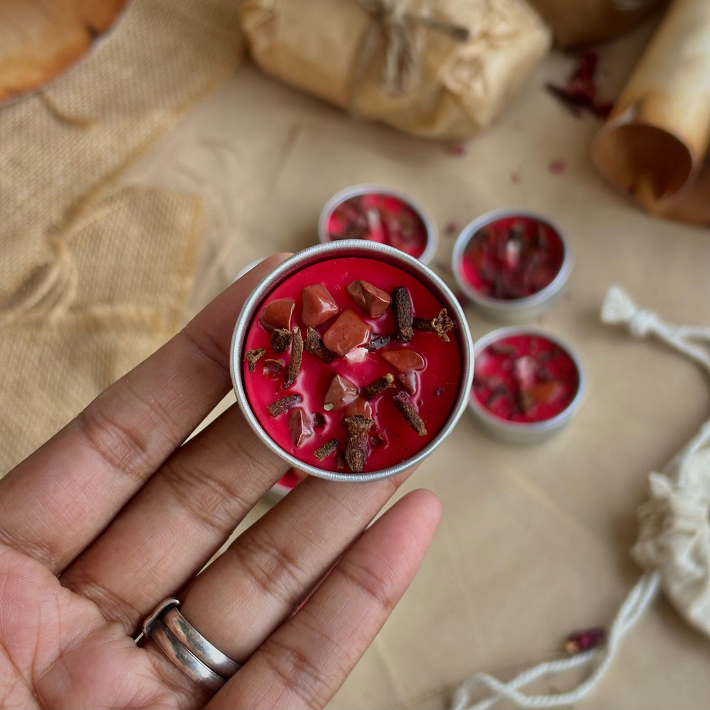 Red Soy Wax Tealight Candle with Clove & Red Jasper