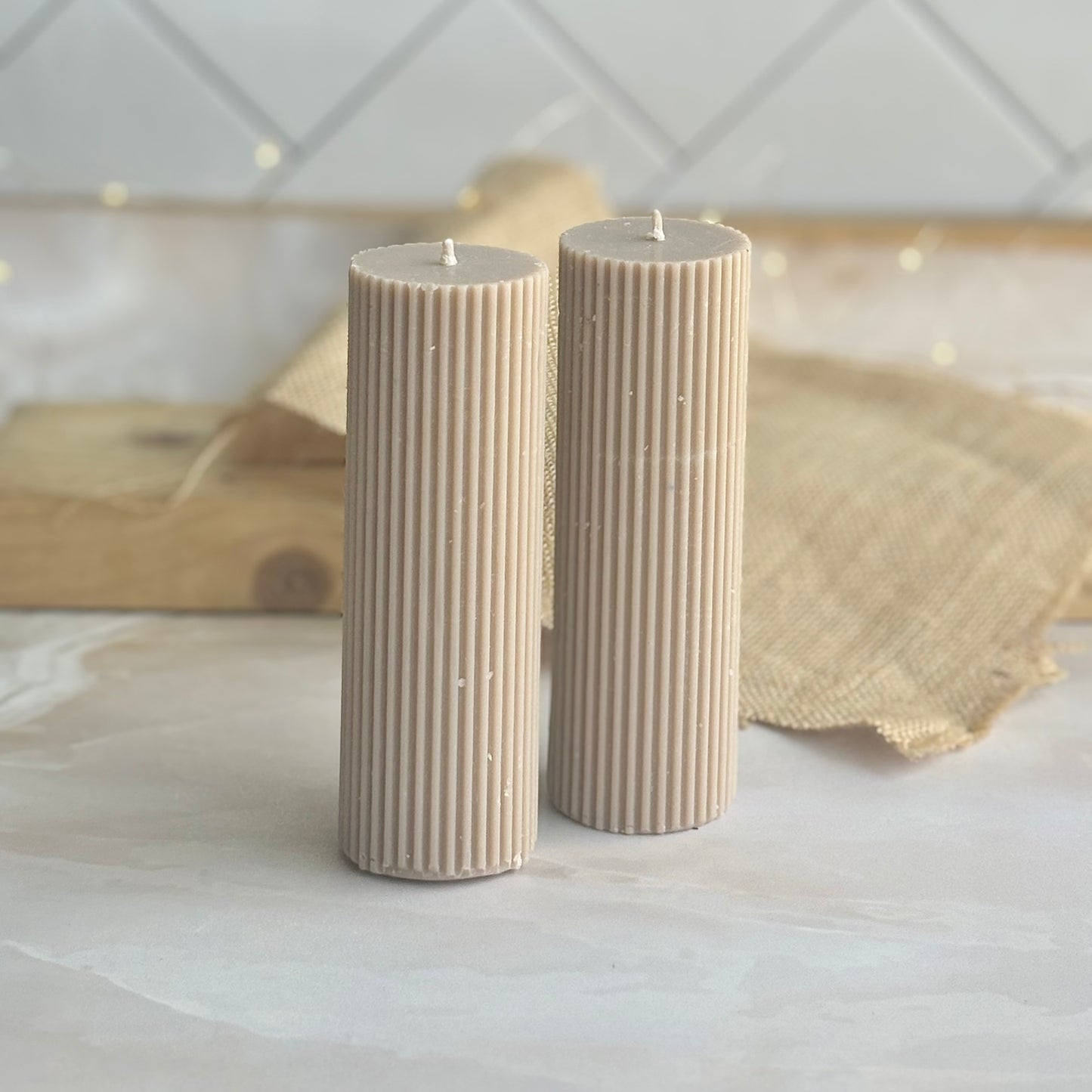 Textured Beige Pillar Soy Candle | Pack of 2