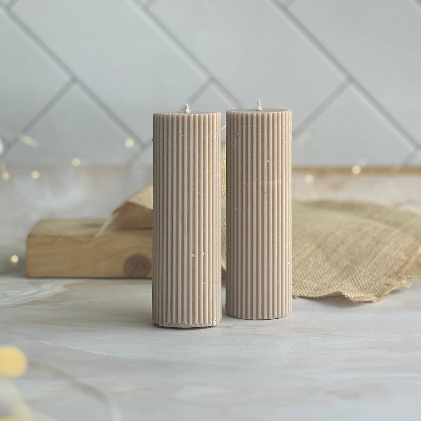 Textured Beige Pillar Soy Candle | Pack of 2