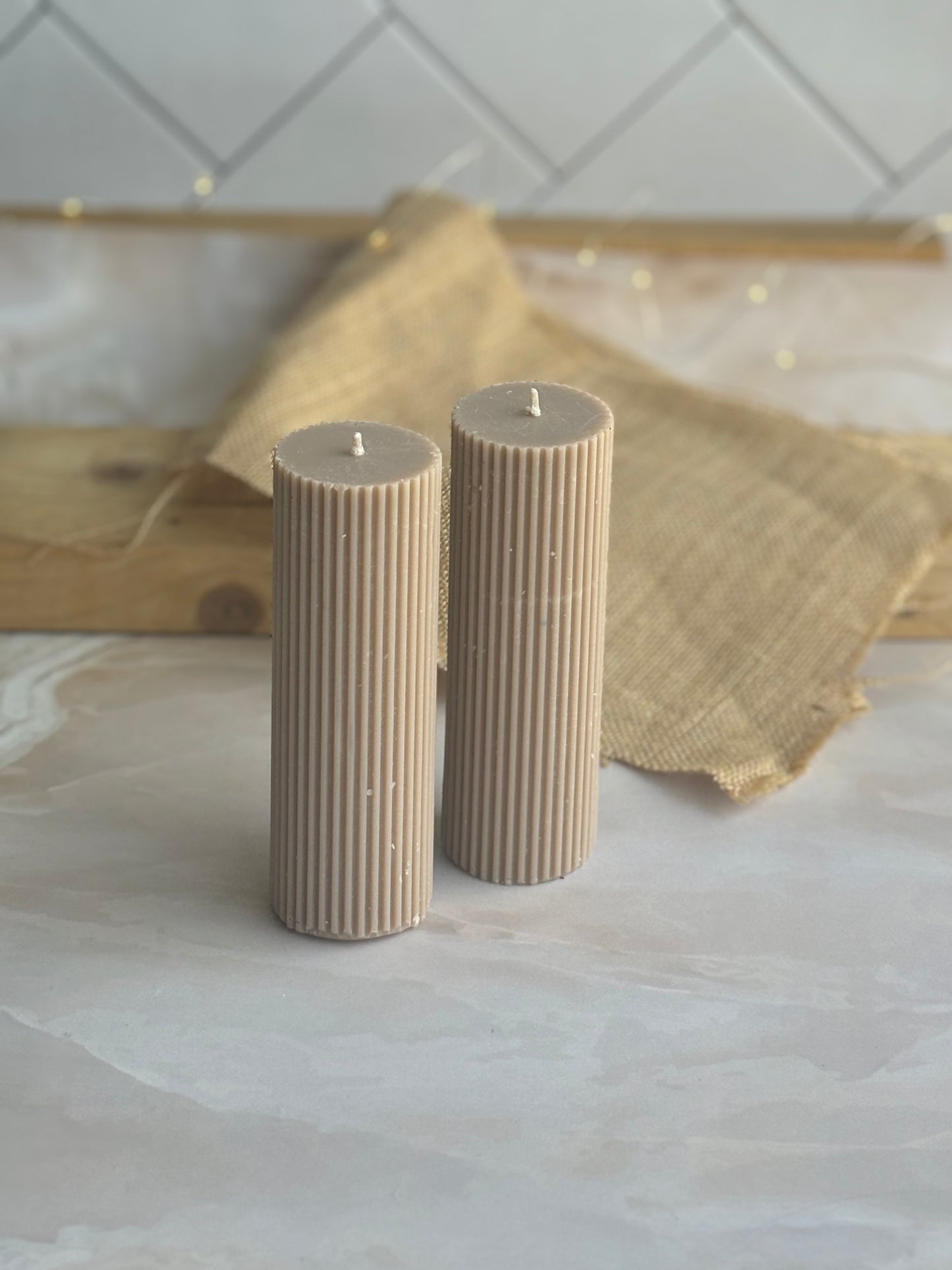 Textured Beige Pillar Soy Candle | Pack of 2