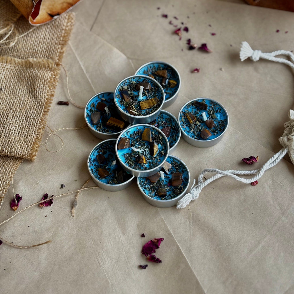 Blue Soy Wax Tealight Candle with Peppermint & Tiger’s Eye