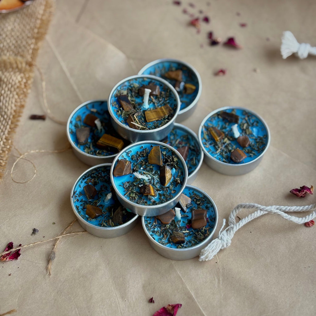 Blue Soy Wax Tealight Candle with Peppermint & Tiger’s Eye