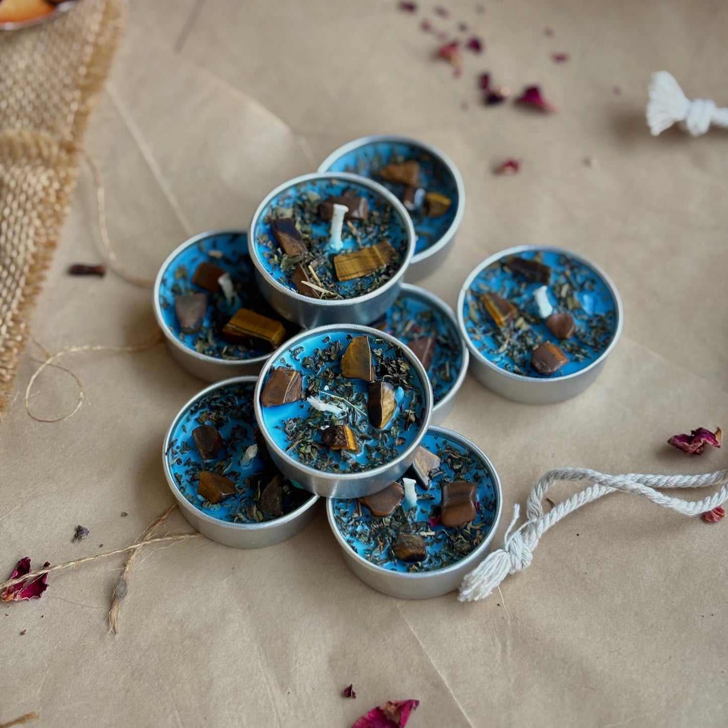 Blue Soy Wax Tealight Candle with Peppermint & Tiger’s Eye
