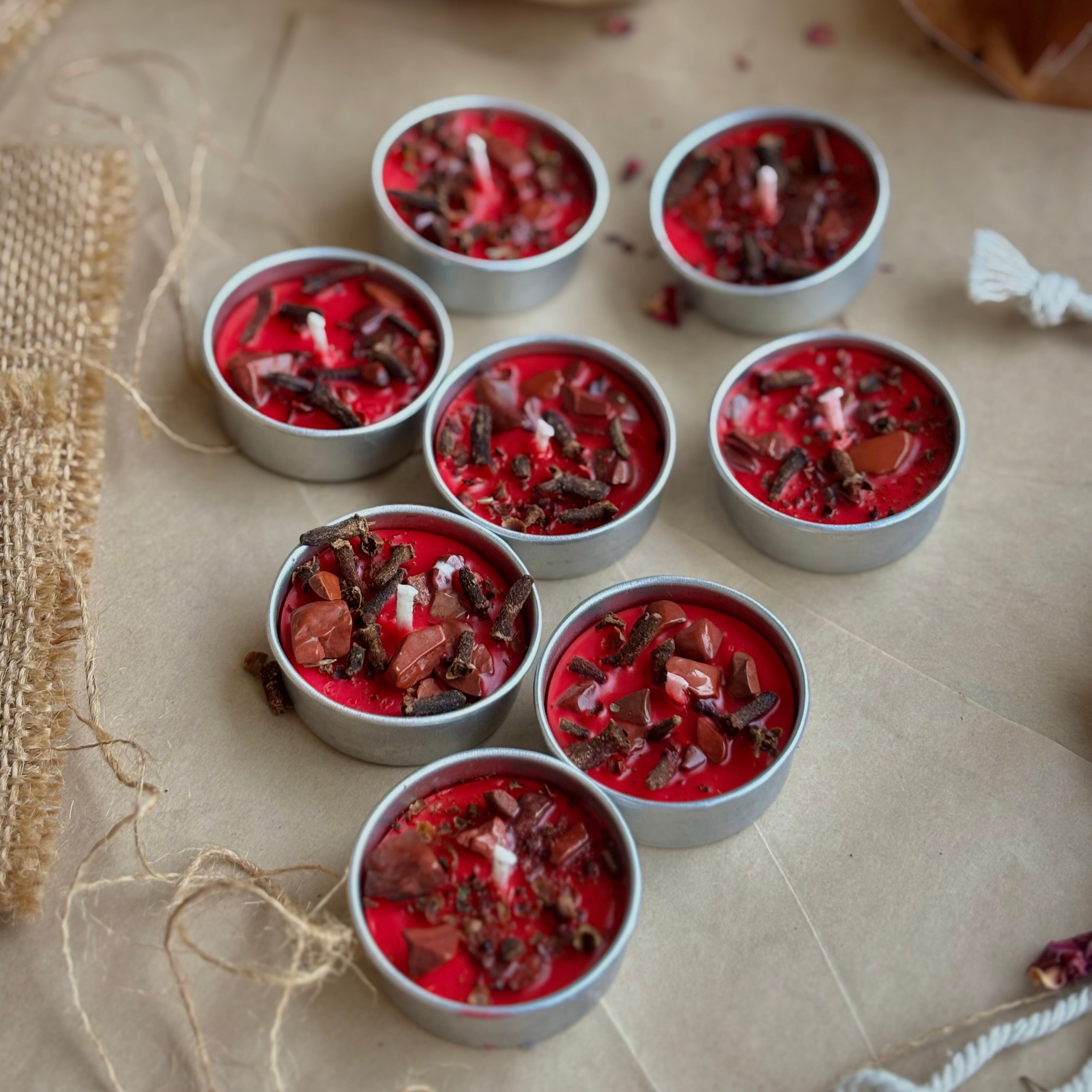 Red Soy Wax Tealight Candle with Clove & Red Jasper