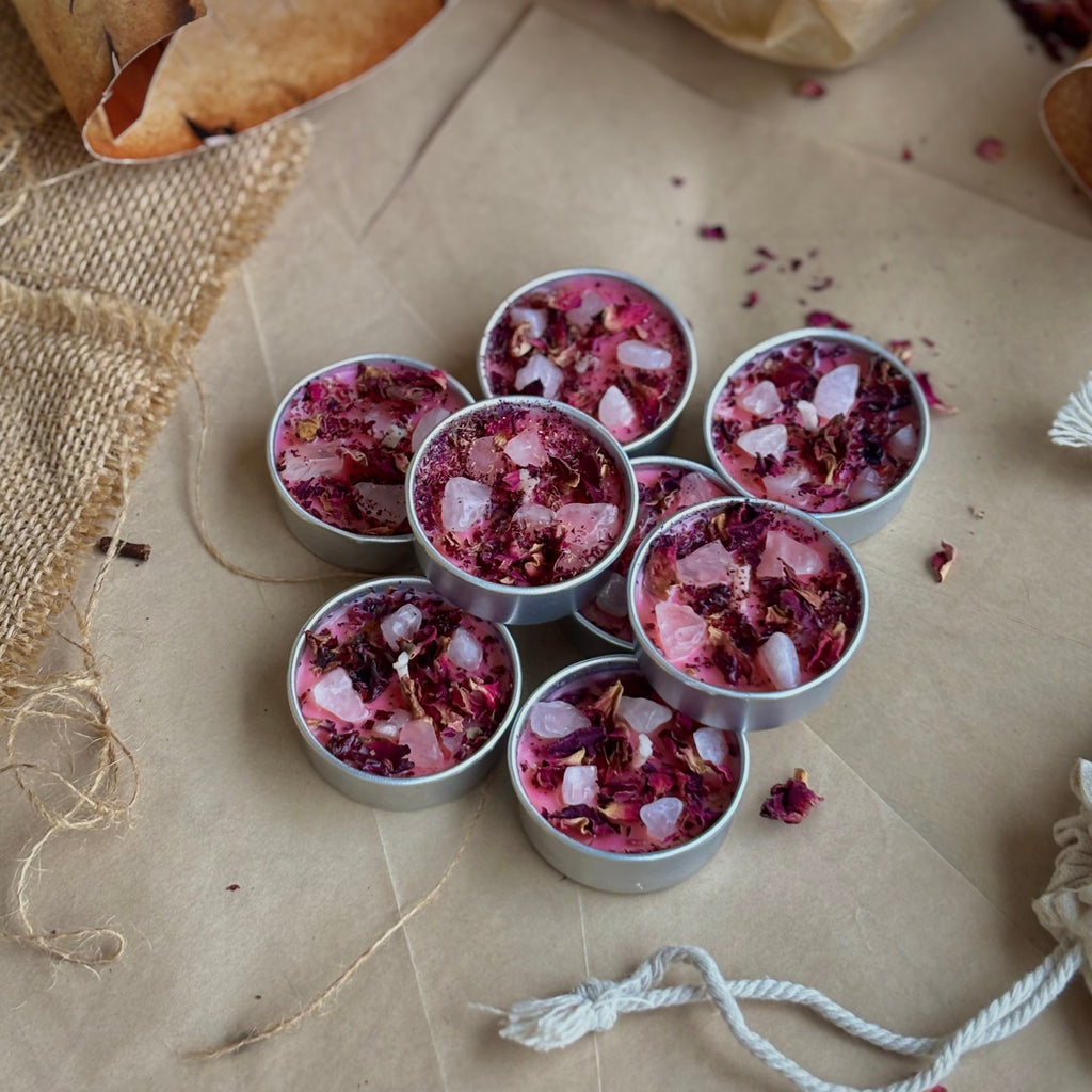 Pink Soy Wax Tealight Candle with Rose Petals & Rose Quartz