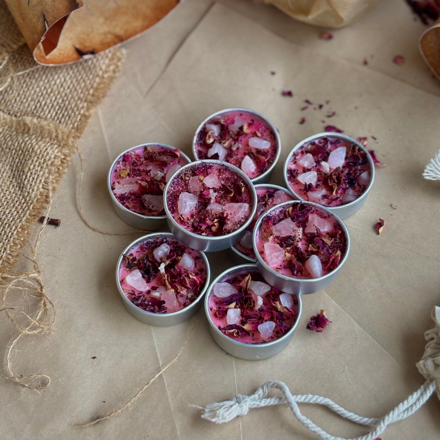 Pink Soy Wax Tealight Candle with Rose Petals & Rose Quartz