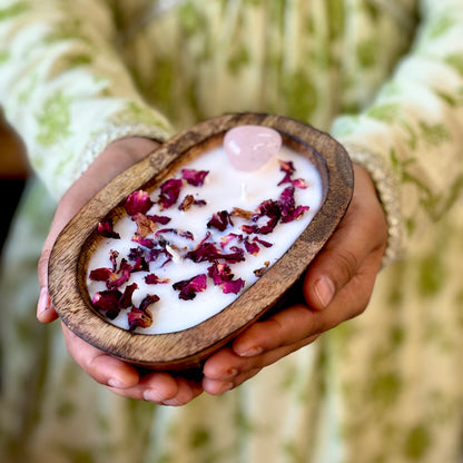 Wooden Dough Bowl Infused with Rose Quartz and Rose Soy Candle