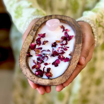 Wooden Dough Bowl Infused with Rose Quartz and Rose Soy Candle