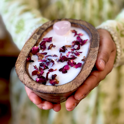 Wooden Dough Bowl Infused with Rose Quartz and Rose Soy Candle