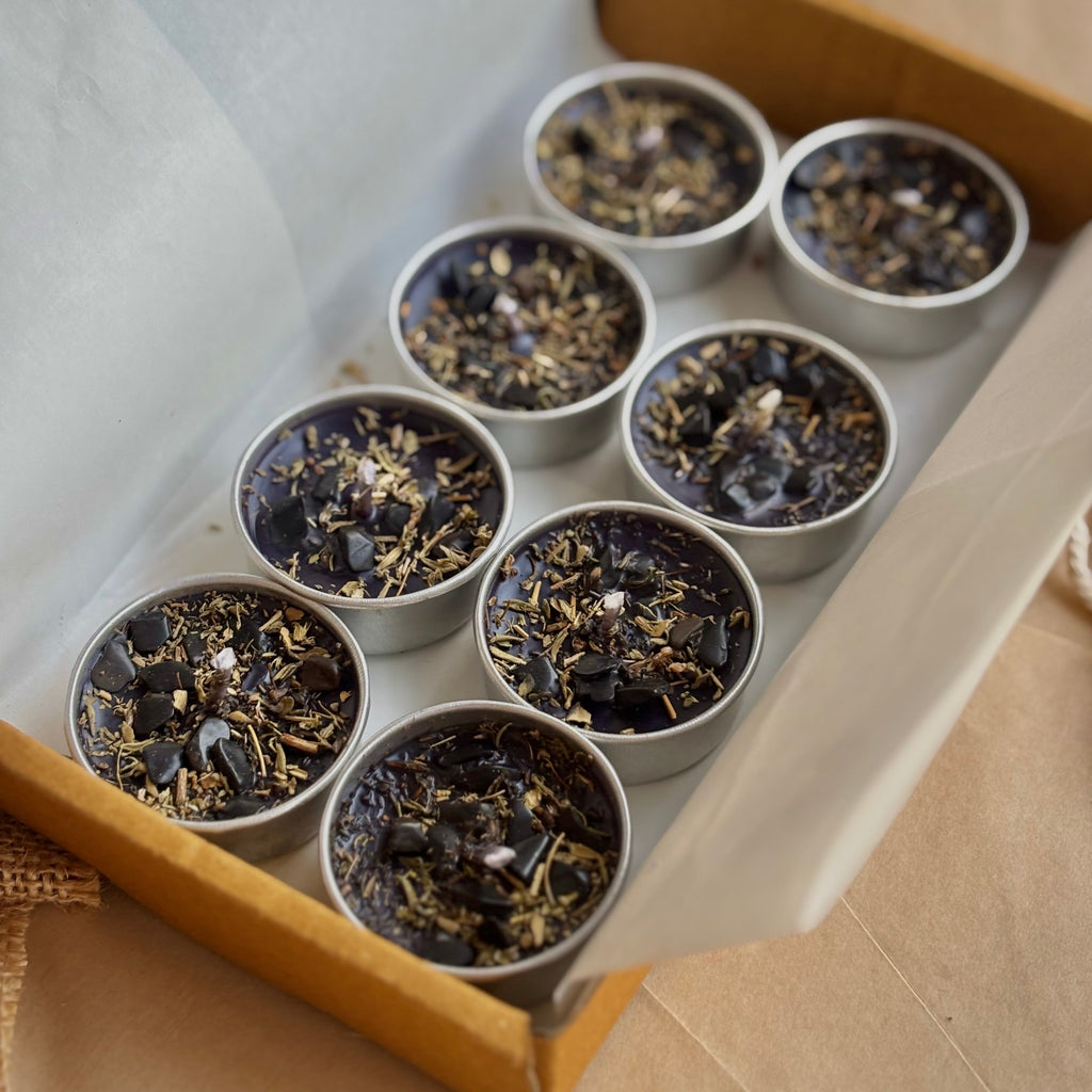 Black Soy Wax Tealight Candle with Thyme & Black Tourmaline