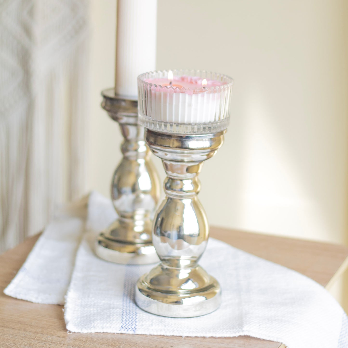 Silver Finish Glass Candle Holder