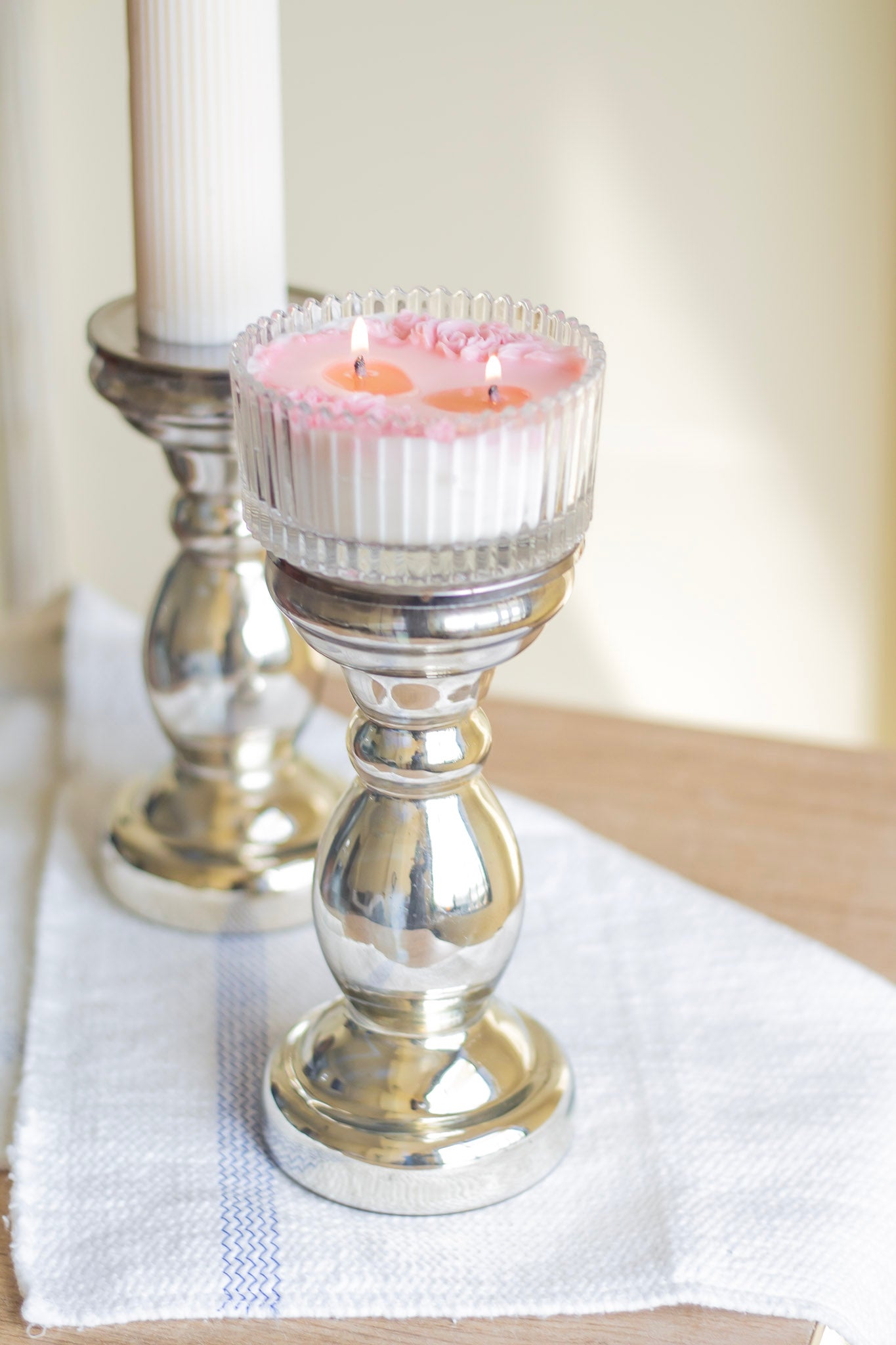 Silver Finish Glass Candle Holder