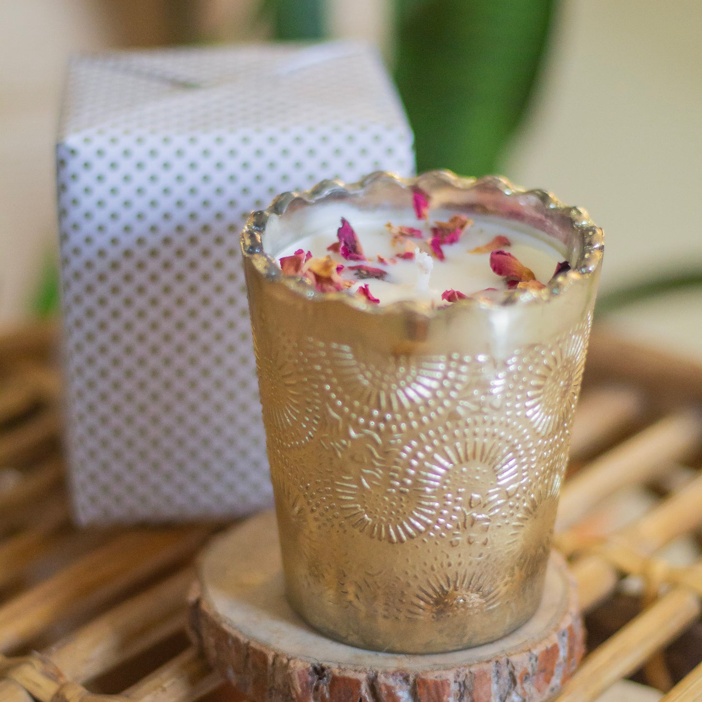 Gold foiled Rose petals topped soy candle