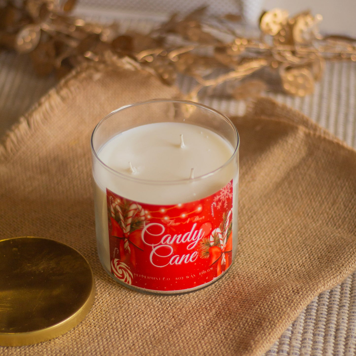 Candy Cane 3 wick Soy Candle with Golden Lid | Christmas edition