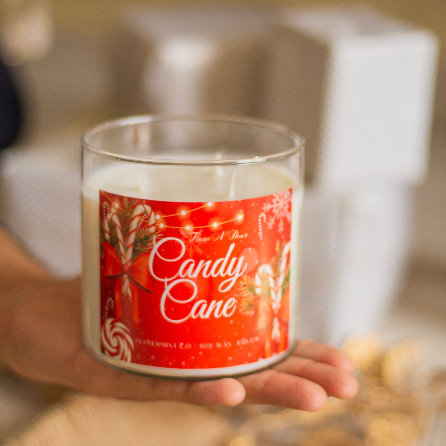 Candy Cane 3 wick Soy Candle with Golden Lid | Christmas edition