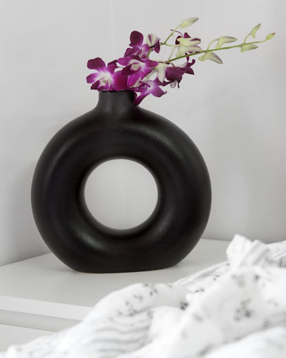 Black Ceramic Minimalist Donut Vase - Big