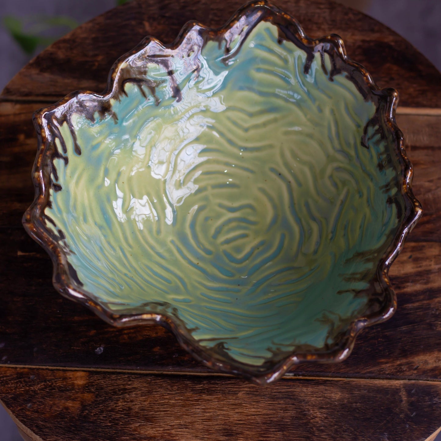 Vintage Green & Tea Colour Ceramic Glazed Bowl
