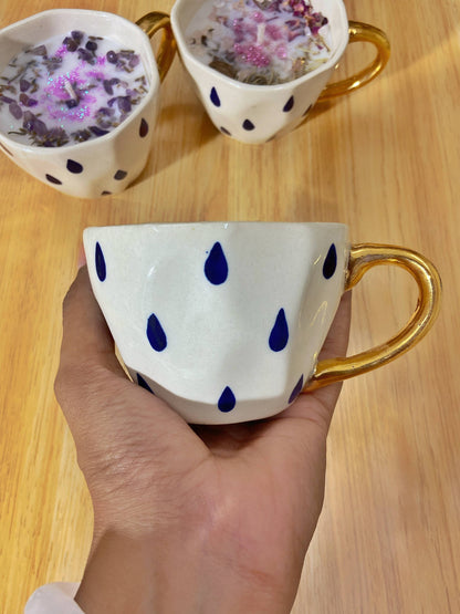 Lavender buds + Amethyst Chips | Handmade Teardrop Print Mug with Real liquid Gold in Handle
