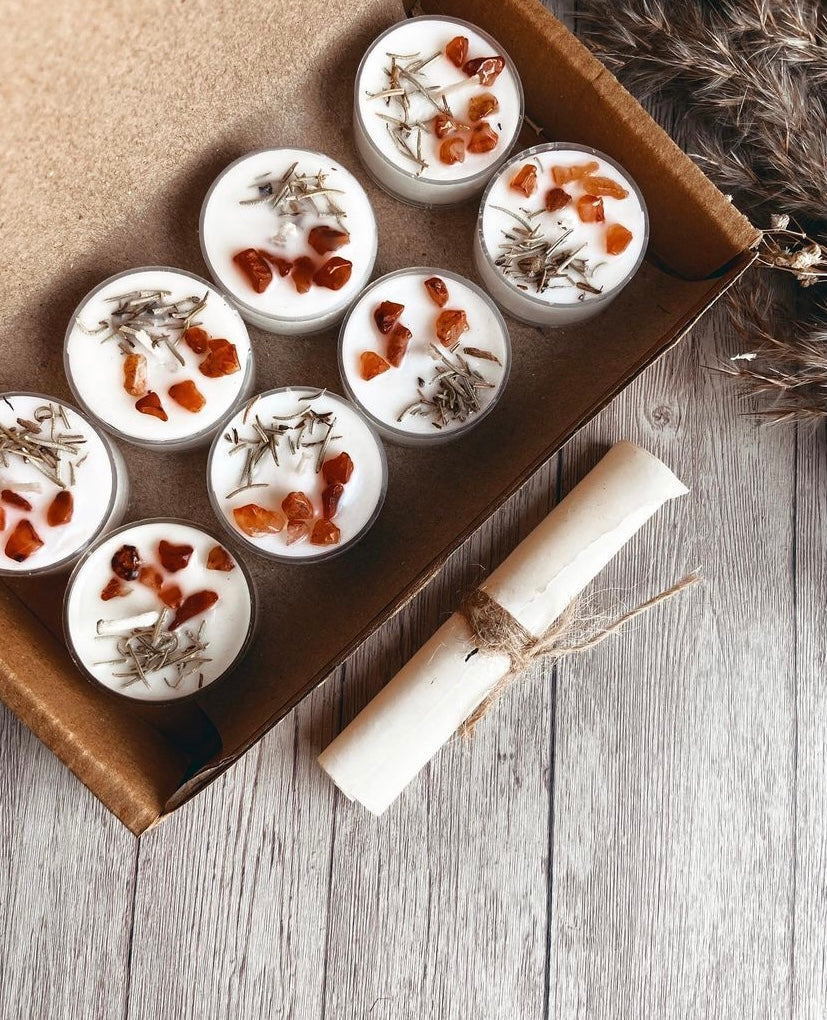 Scented Tea Light Candles Set of 8 - Infused with Rosemary & Orange Carnelian