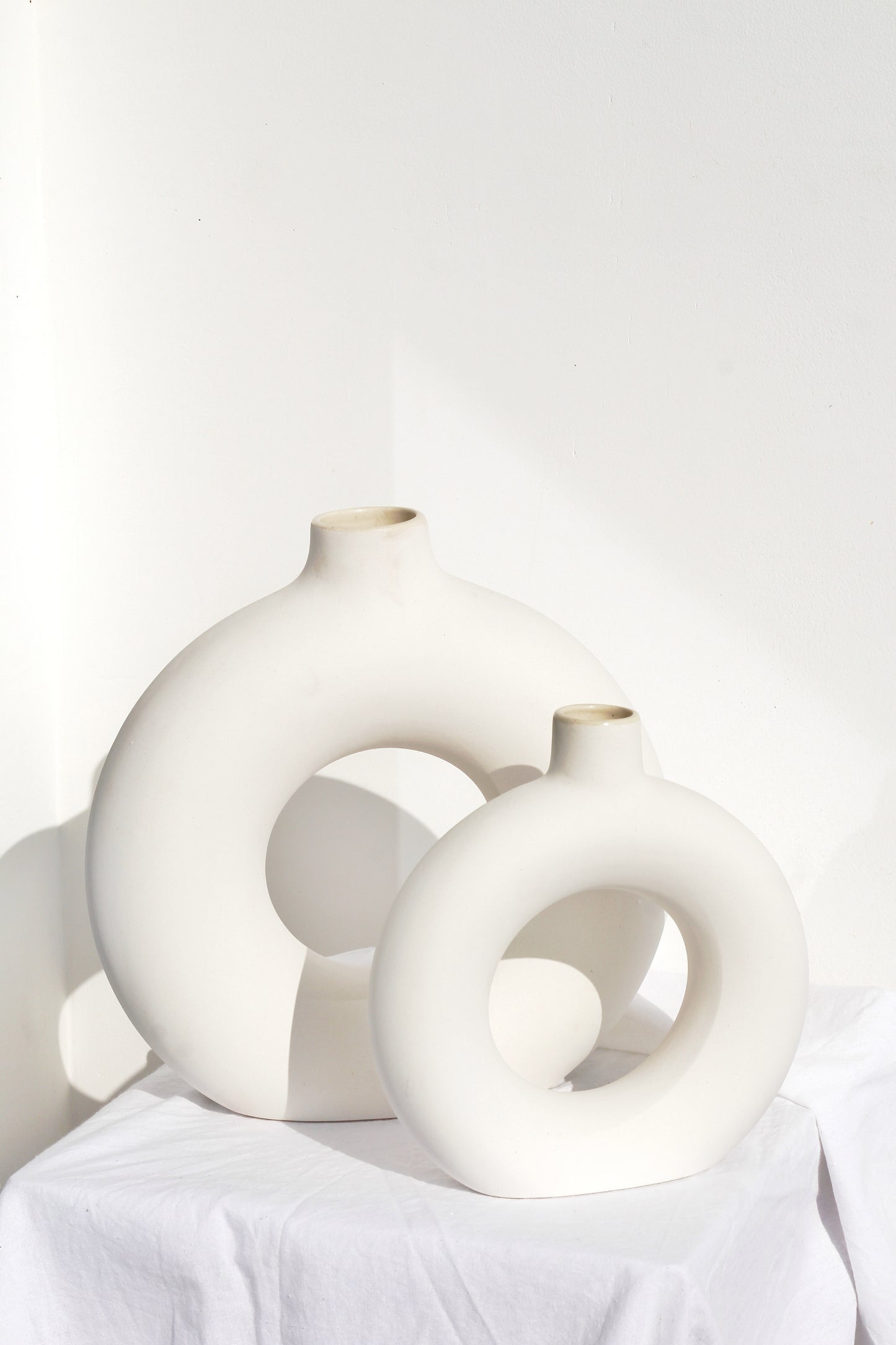White Ceramic Minimalist Donut Vase- Set of 2