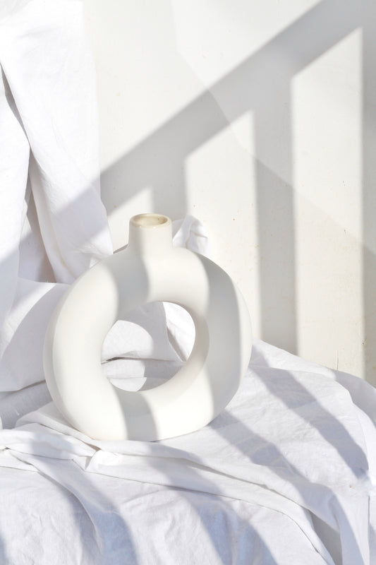 White Ceramic Minimalist Donut Vase