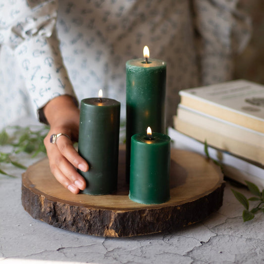 Green Pillar Unscented Candle | Set of 3