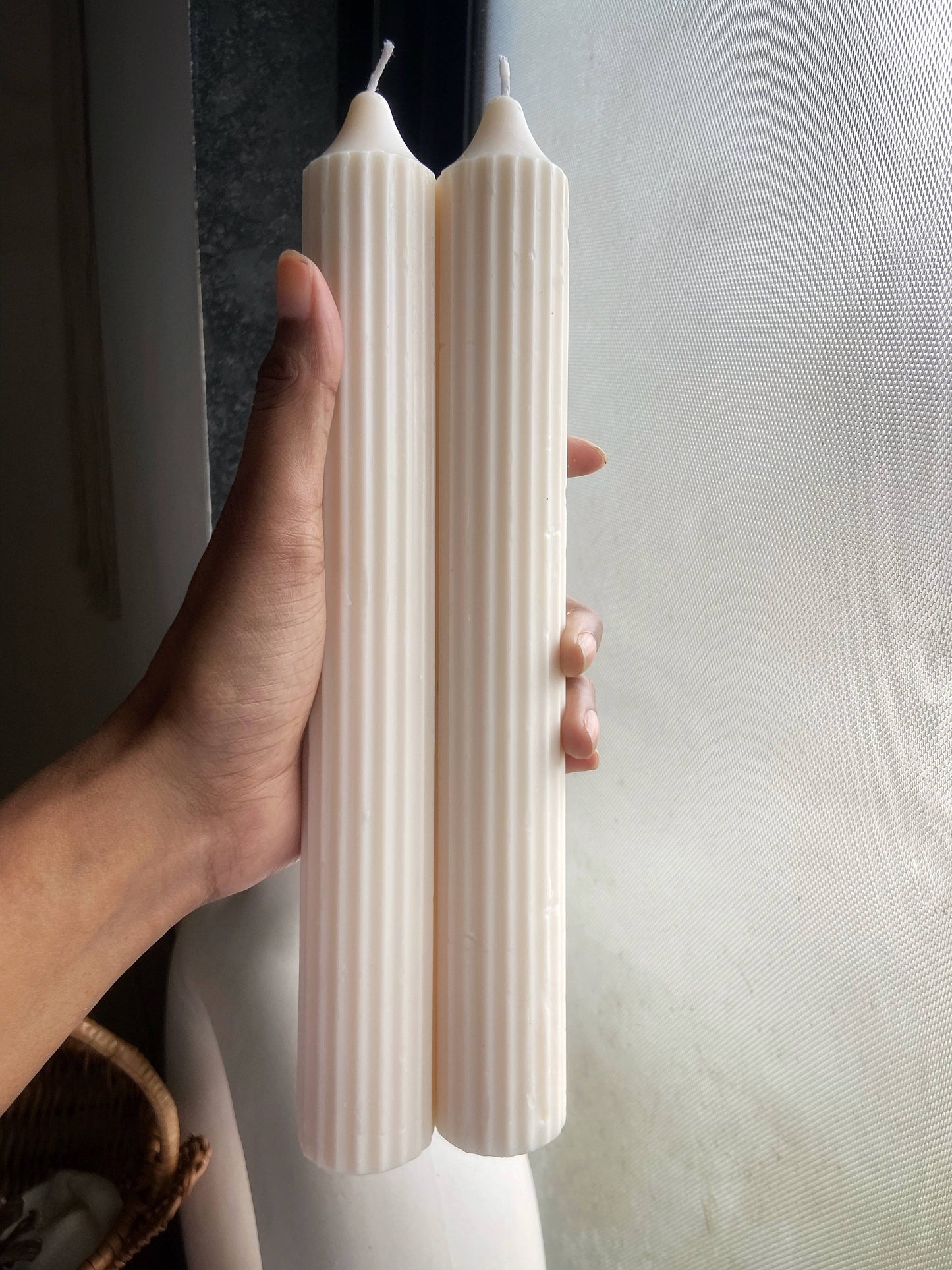 Long Textured Taper Candle Set of 2 | White - 10 Inches