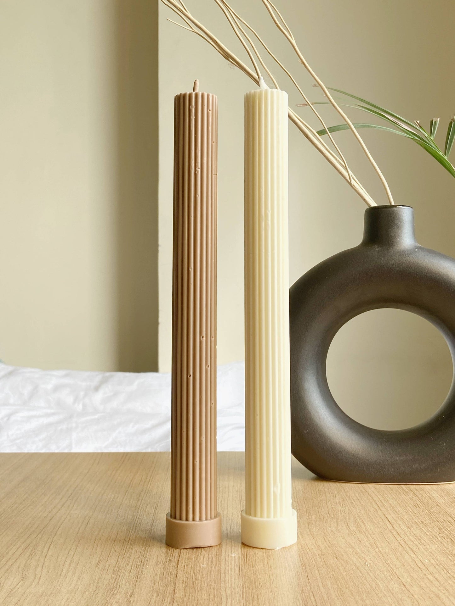 Long Textured Taper Candle Set of 2 | Beige & White - 12 Inches