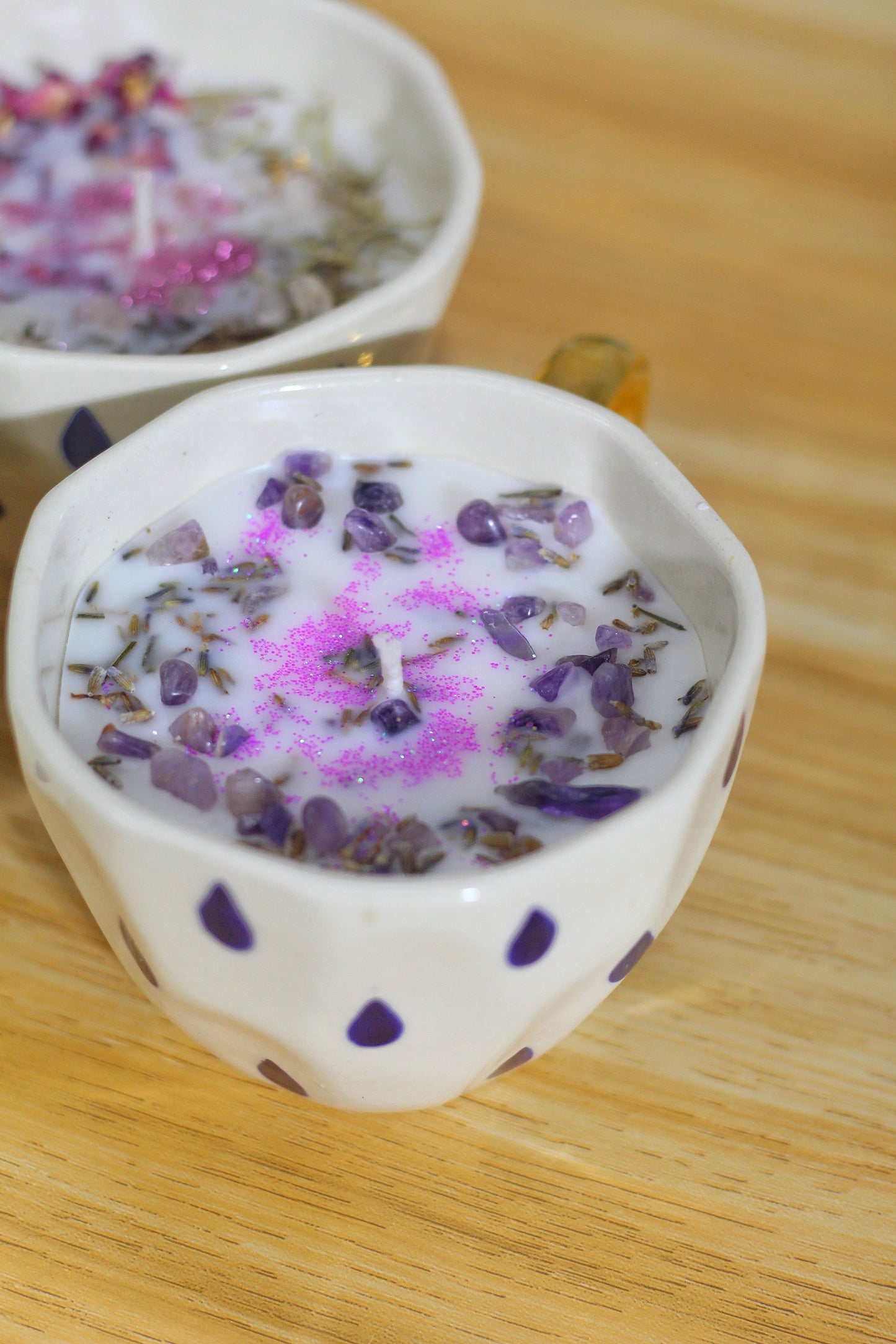 Lavender buds + Amethyst Chips | Handmade Teardrop Print Mug with Real liquid Gold in Handle