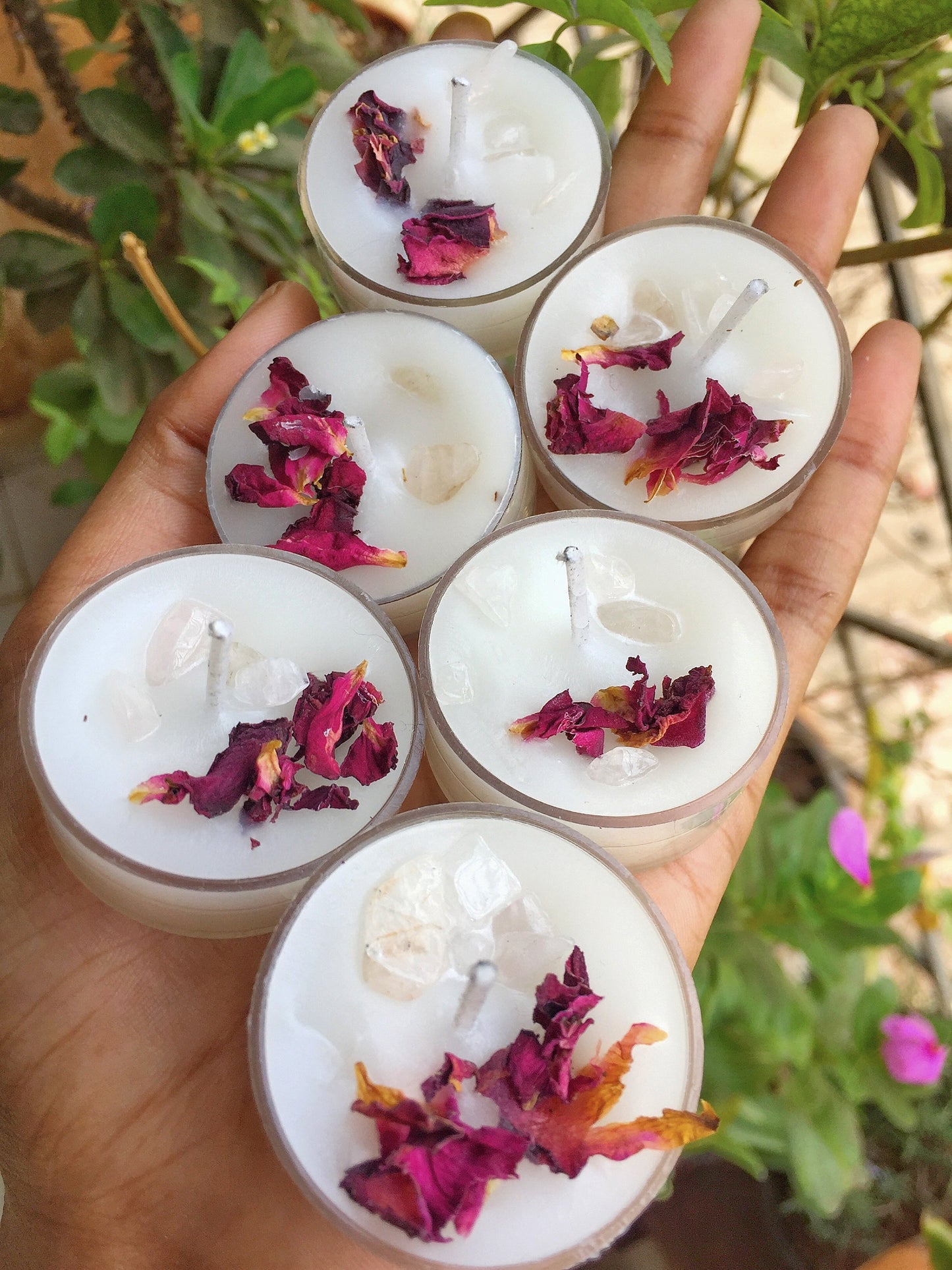 Scented Tea Light Candles Infused with Rose Petals & Rose Quartz - Set of 8