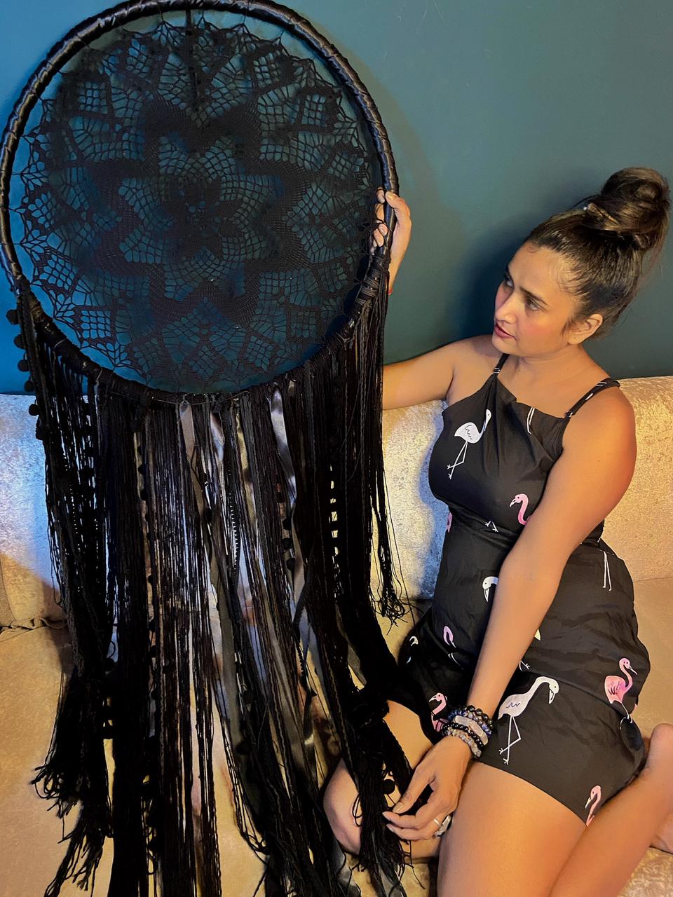 Black Dreamcatcher | Giant Black thread & Pearl beaded dreamcatcher | Boho Decor